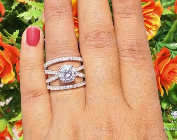 3.25CTW Round Colorless Heart & Arrow Cut Moissanite Bridal Engagement Ring, Prong Setting, Moissanite On Shank White Gold Ring For Gift