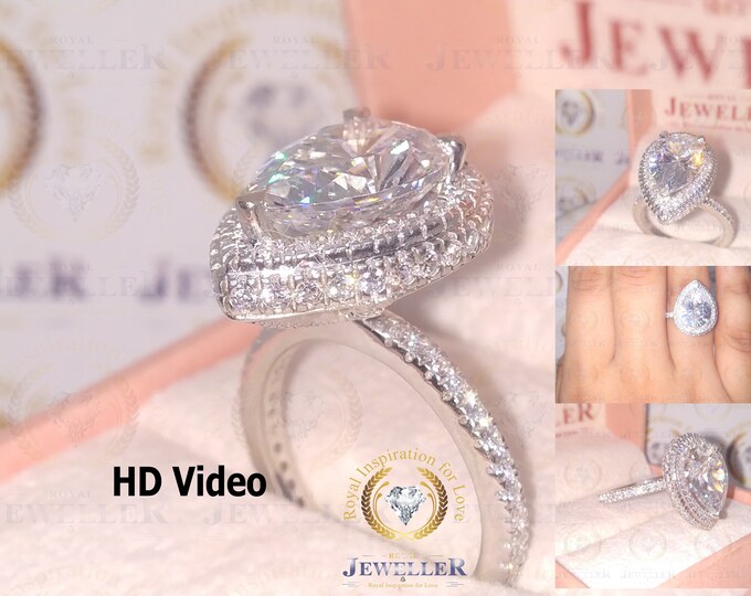 14K Gold Halo Ring/3.67CT Pear Cut Colorless Moissanite Center/ Moissanite Engagement Ring/Wedding Ring/Anniversary Ring/White Gold Ring