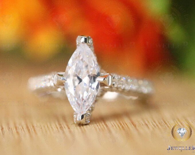 3.67TCW Marquise Cut Colorless VVS Moissanite Solitiare Ring, Paved Moissanite Ring, Women Engagement Ring, Wedding Ring, Anniversary Ring
