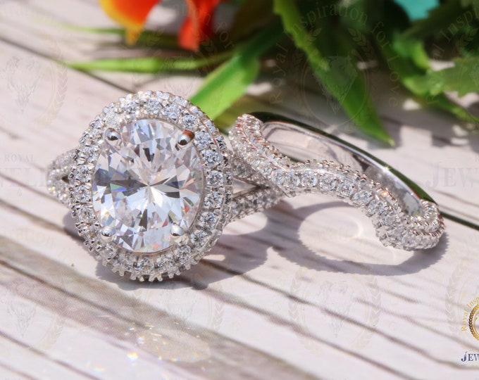 5.34CTW Colorless Oval Cut Moissanite Ring Set/ Twisted Bridal Halo Ring Set/ With Matching Eternity Band/ 14K Gold Wedding Set Gift For Her