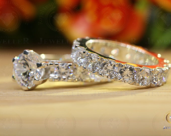 8.21 TW Round Cut Colorless Moissanite Engagement Ring, Matching Eternity Wedding Band, Bridal Set, Prong Set Band, Solitaire Wedding Set