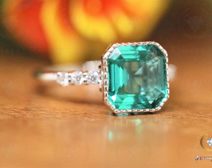 3.12Ct Asscher Cut Green Emerald Solitaire Engagement Ring 14k White Gold Wedding Ring/ Milgrain Setting/ Anniversary Ring For Women's