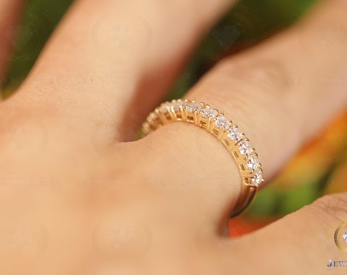 Full Eternity band With colorless VVS1 moissanite | Comfort fit Anniversary band | Matching Engagement Band | Wedding Band | 14K Yellow Gold