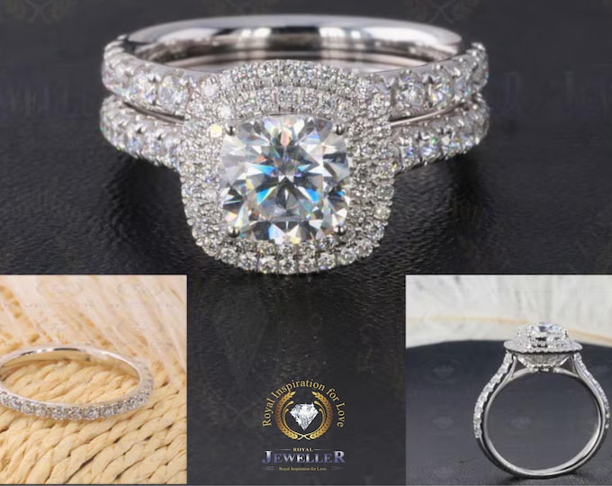 Cushion EF Moissanite Platinum Engagement Ring Set, Double Halo Bridal Ring