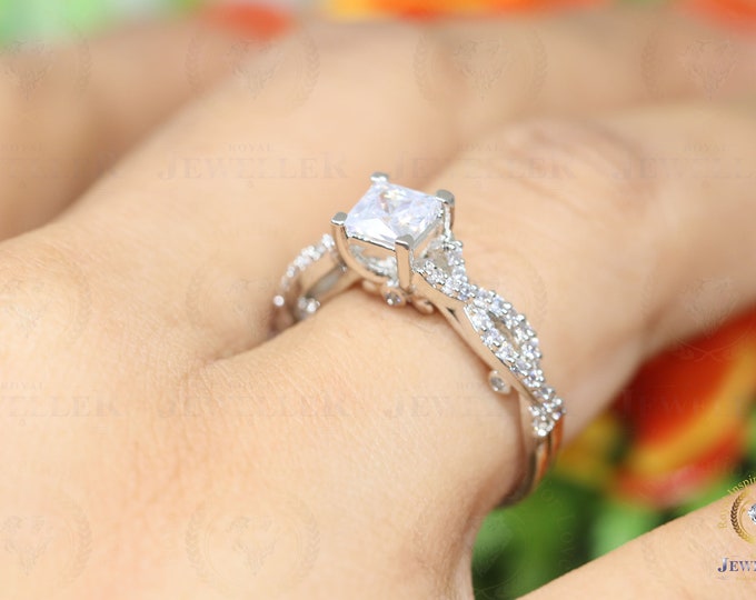 Moissanite Engagement Ring, 1.72CTW Princess Colorless DEF/VVS Moissanite Wedding Ring, Twisted Split Shank Ring, Solitaire With Accent Ring