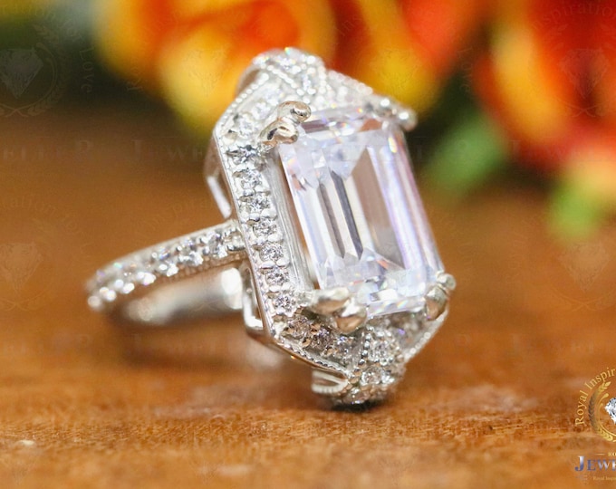 8.89CT VVS Colorless Emerald Vintage Style Moissanite Halo Engagement Ring, Antique Wedding Ring, Halo with Cathedral Setting Bridal Ring