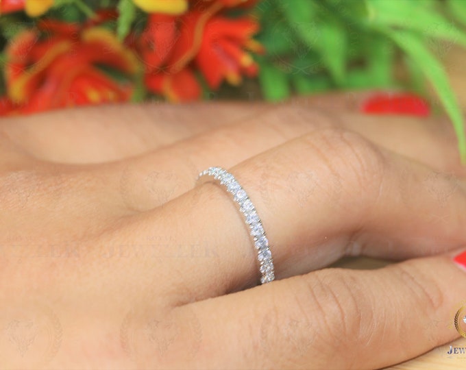 White gold wedding band,unique moissanite matching band,round Moissanite band,half eternity Matching band, Stacking band, Anniversary ring,