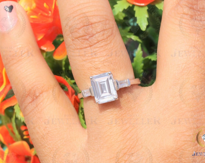3.21 CTW Emerald Cut Colorless Moissanite Ring, Three Stone Engagement Ring, Side Tapered Baguette Moissanite, Claw Prongs, Anniversary Gift
