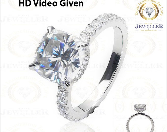 3.76ct Cushion Hidden Halo Forever One Moissanite Engagement Ring, 950 Platinum/14K/18K Gold Ring, Moissanite Wedding Ring, Moissanite Ring
