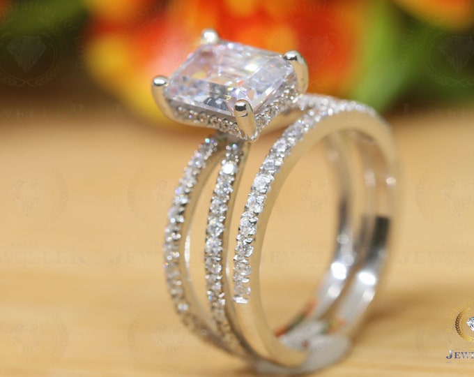 4.56 TW Emerald Cut Colorless Moissanite Engagement Ring, Matching Eternity Wedding Band, Bridal Set, Twisted Band, Hidden Halo Wedding Set