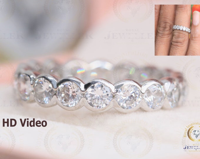 5.43CTW Round Colorless Moissanite Bezel Set Full Eternity wedding band eternity band White gold wedding band stackable ring ,Band For Gift