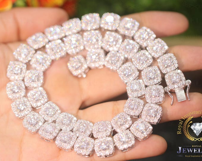 12MM Halo Cuban Miami Link Chain Necklace, Men Iced Out VVS Colorless Moissanite Tennis Chain 925 White Gold Plated, Link Chain Necklace