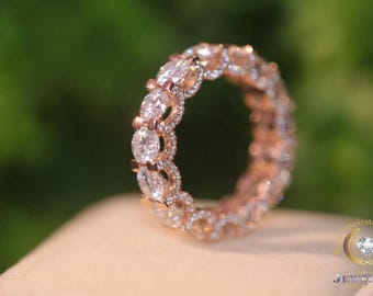VV1 Colorless Moissanite Eternity Band: 4.37CTW 14K Rose Real Gold Hidden Halo Wedding Ring