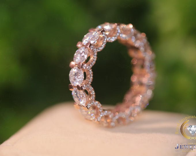 4.37CTW Hidden Halo Eternity band 14Kt Rose Gold Wedding Band, Colorless VVS1 Moissanite Round Cut Anniversary Band For Beloved Gift