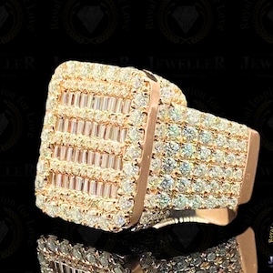 Moissanite Miami Hip Hop Ring: VVS Moissanite Round & Baguette, Custom Number/Name/Logo 10Kt Yellow Gold
