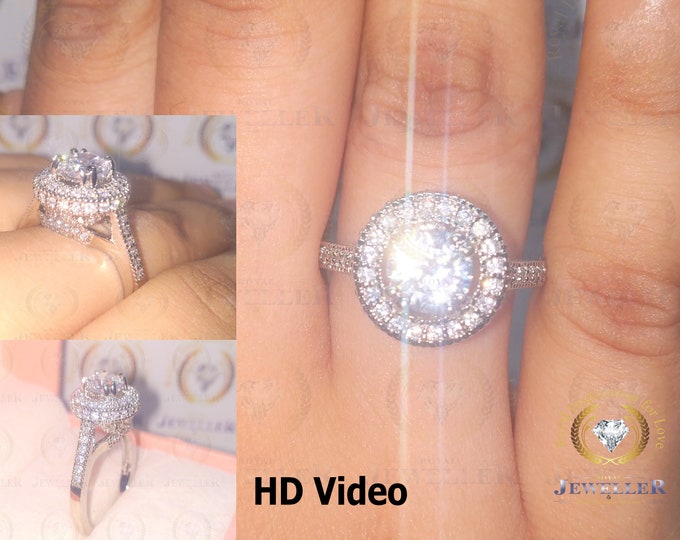Heart & Arrow Cut Halo Ring 2.0 Ct Round Colorless Moissanite Engagement Ring 14k White Gold Double Prong Anniversary Ring, Wedding Ring