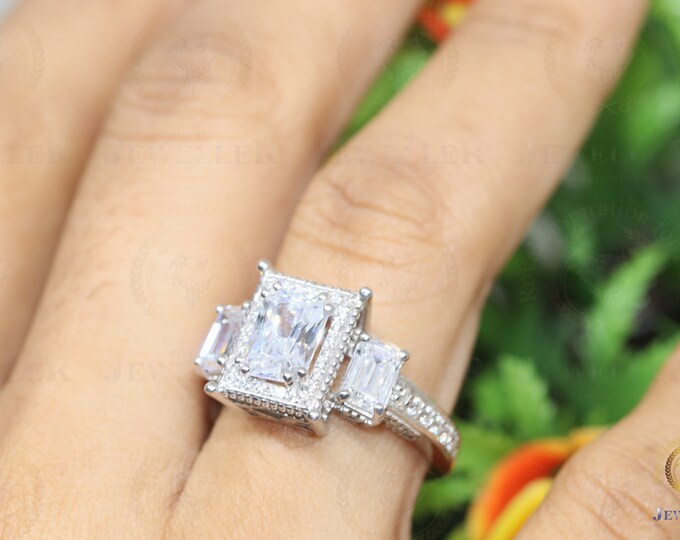 Radiant/Emerald Cut Engagement Ring |Three Stone Flashy Engagement Ring |Moissanite Ring |Moissanite Engagement Ring |Celebrity Style Ring