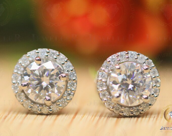 1.45CTW Halo Stud Earring, Colorless Pear Cut Moissanite 14Kt White Gold, Dainty & Gorgeous Moissanite Studs, Best special gift for wife/mom