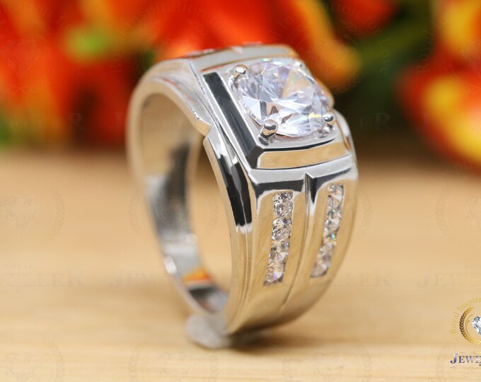 3.56CTW Round Moissanite Men's wedding ring | 14Kt Solid gold ring for him | Birthday gift for husband | Colorless Certified Moissanite Ring