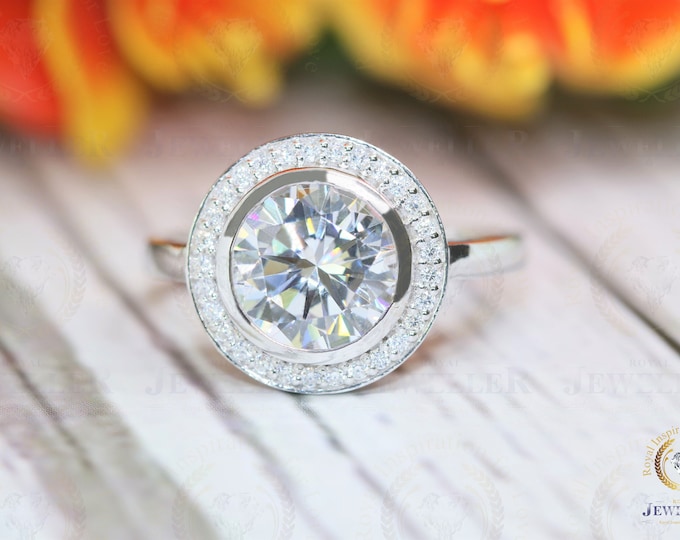 3.49Ctw Round Cut Colorless Moissanite Bezel Setting Engagement Ring, Halo Bezel Ring, 14k White Gold Wedding Ring, Anniversary Gift For Her