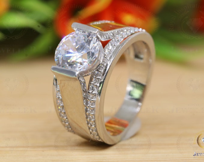 4.56Ctw Round Colorless Heart & Arrow Cut Moissanite Pave Ring/ Certified Moissanite Ring / 14K White Gold Engagement Ring/ Anniversary Ring