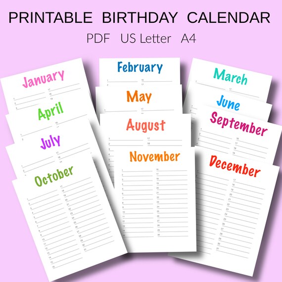 Birthday Calendar Printable Planner PDF Planner A4 US | Etsy