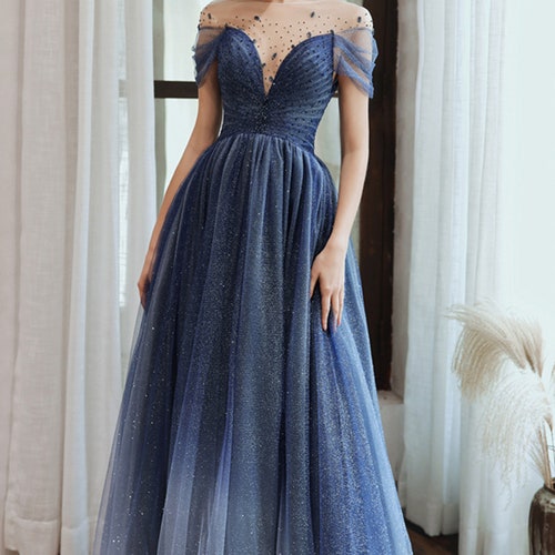 Blue Starry Prom Dress Super Glitter Evening Dress Sexy V | Etsy