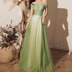 Girl Light Green Prom Dress off Shoulder Evening Dress Beading 