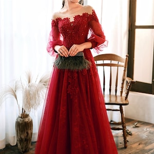 Wine Red Prom Dress Lace Evening Dress 