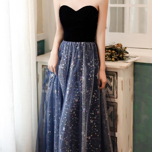 Navy Blue Starry Prom Dress Stars Long 