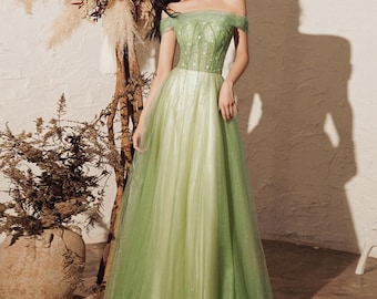 off shoulder green prom dress