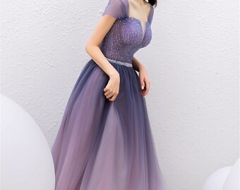 grey purple prom dress