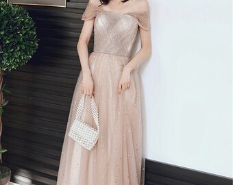 shopluu Light Pink Lace Off Shoulder Long Prom Dress, Pink Evening Dress US 8 / Custom Color