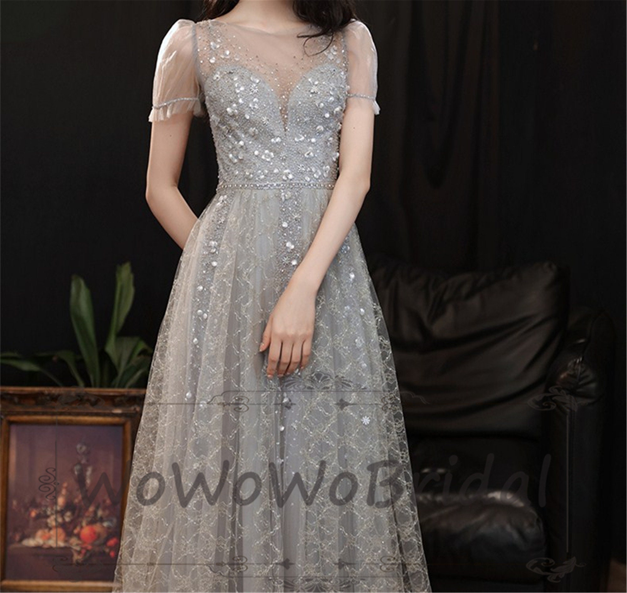 blue and grey gown