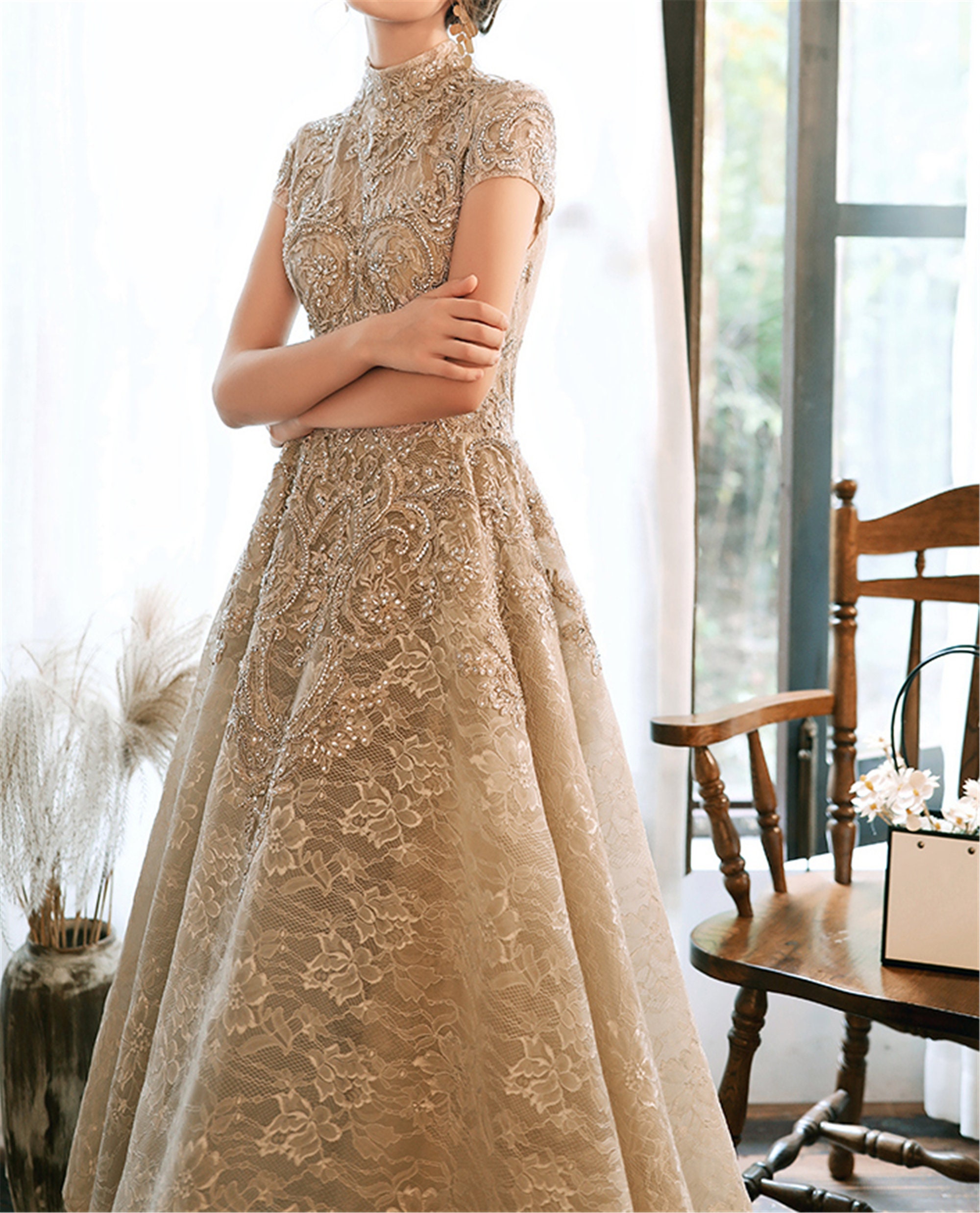 Vintage Lace Prom Dress Beads Evening Dress Champagne Gray Etsy