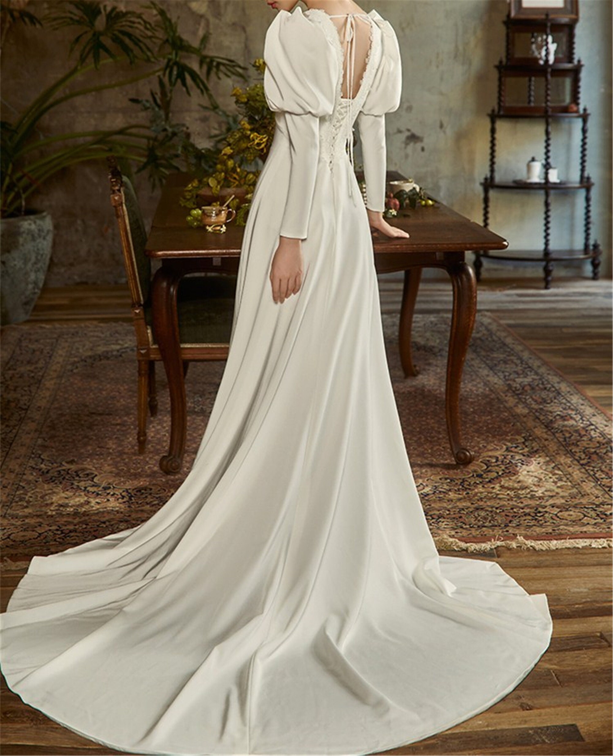Vintage Satin Wedding Dress Minimalist V Neck Reception Dress - Etsy