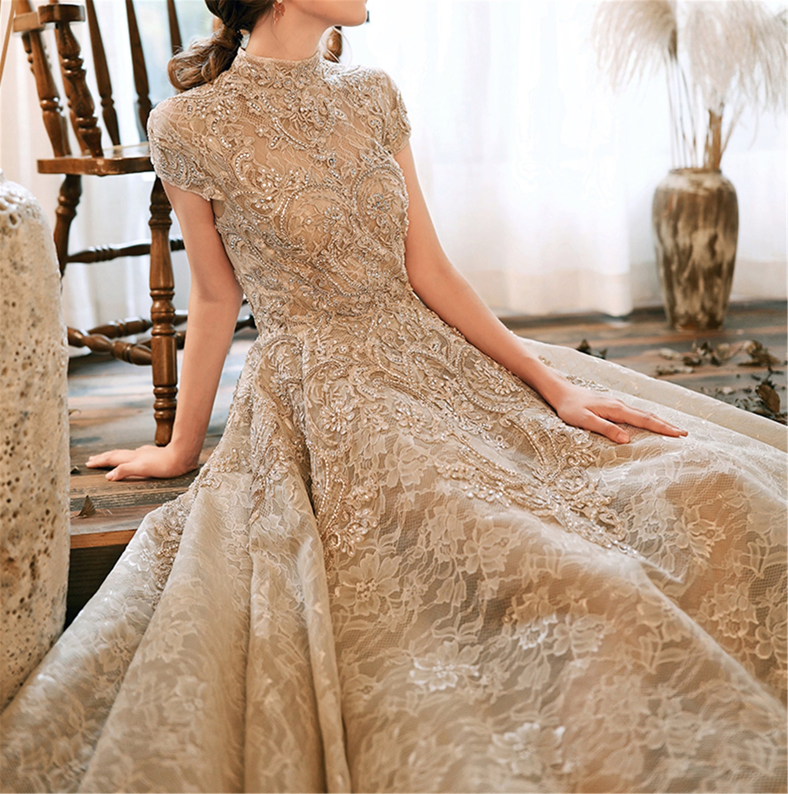 Vintage Lace Prom Dress Beads Evening Dress Champagne Gray Etsy