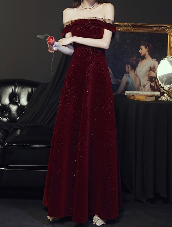 Wine Red Women Formal Dress Square Collar Mesh Sleeve Elegant Prom Dresses  Lace-Up Long Party