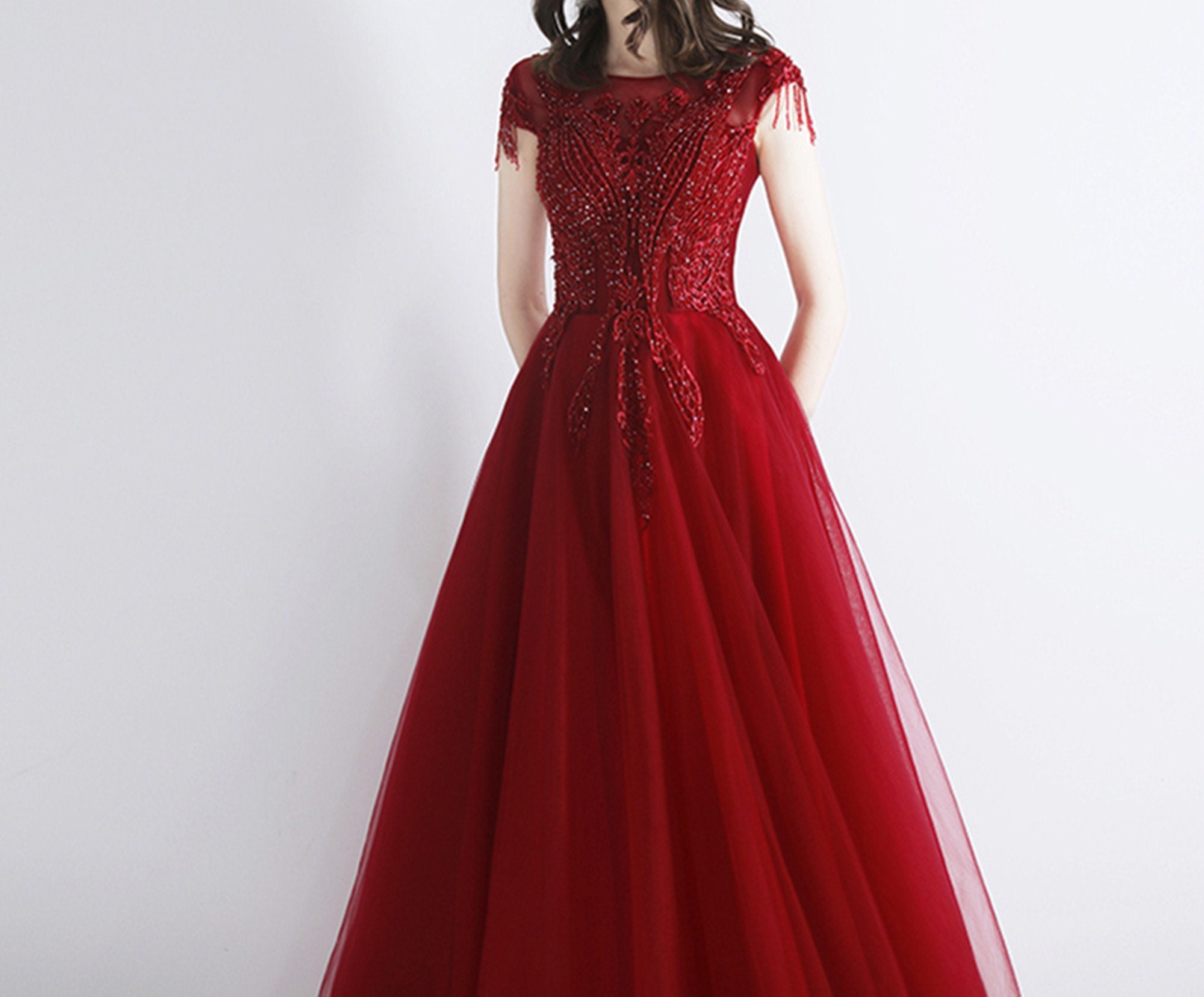Elegant Long Ball Gown Beading Crystal Red Wedding Dress Evening Gown -  Elsi John