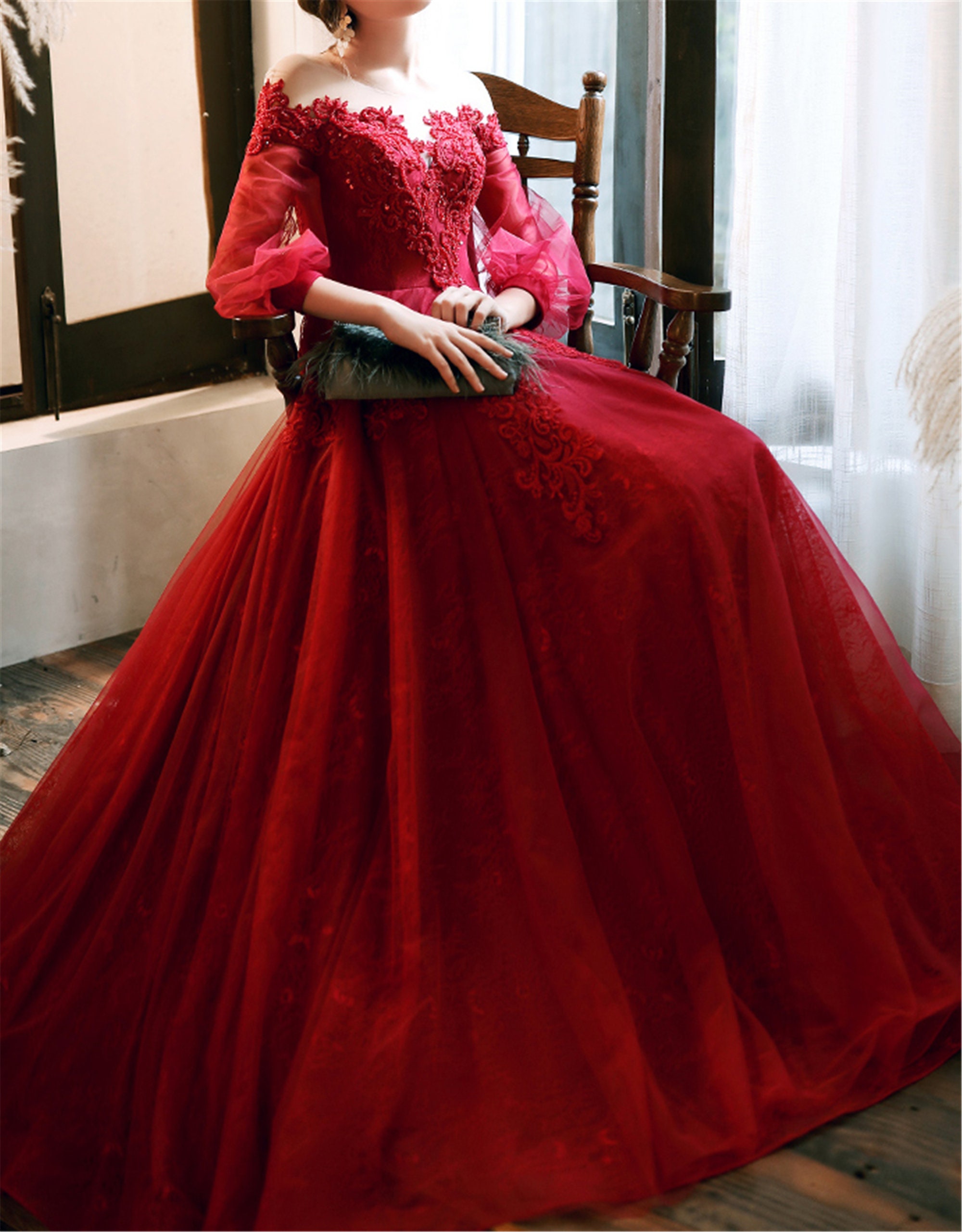 Vino Rojo Vestido Encaje Vestido Noche Elegante - Etsy México