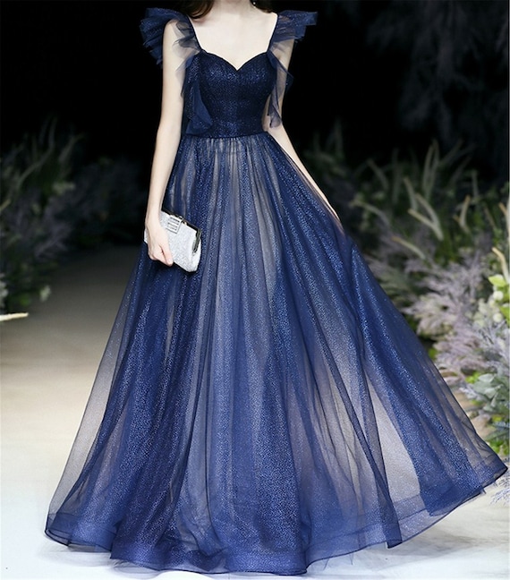 blue floor length dress