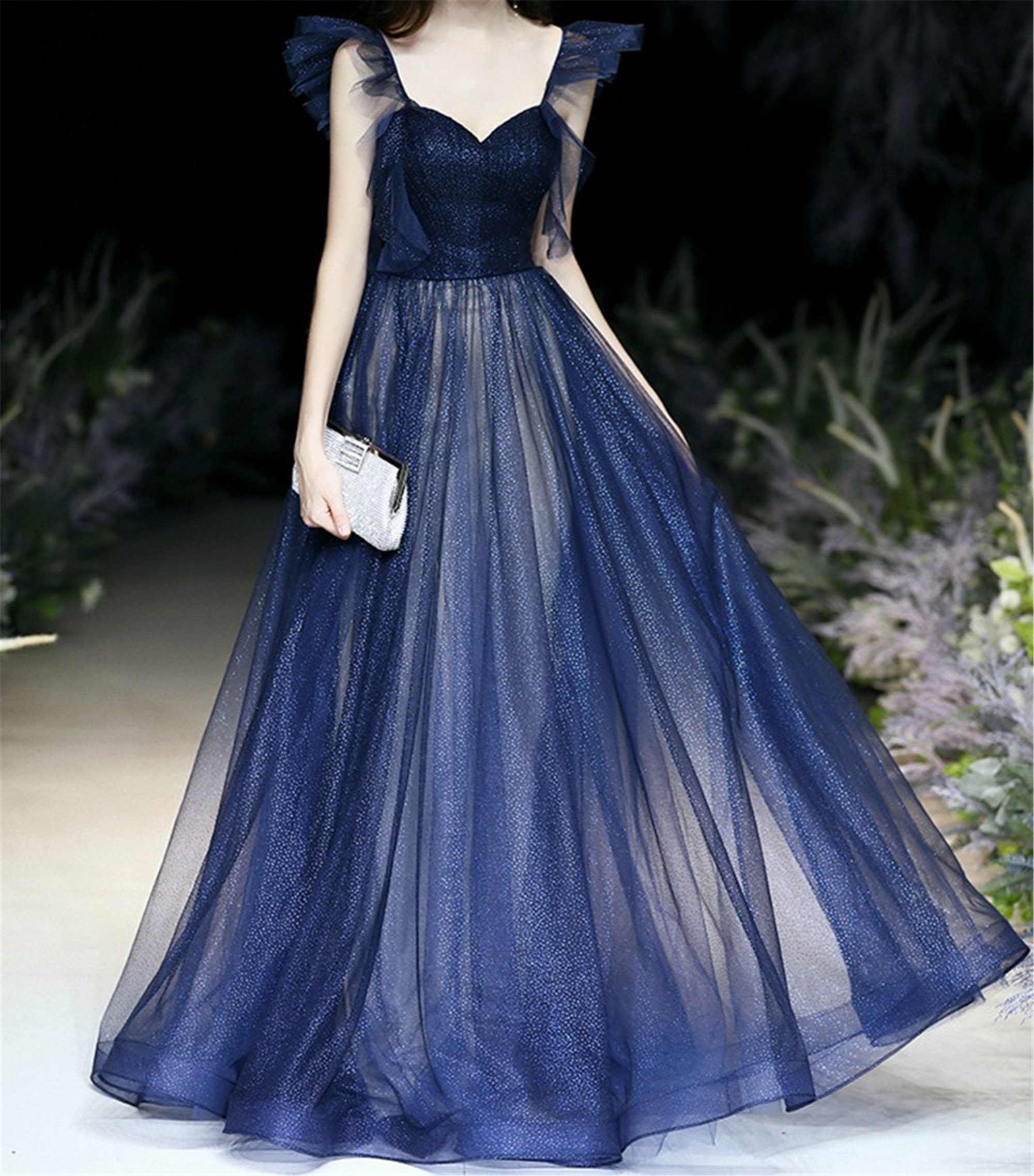 DESIGNER FAUX BLOOMING navy blue gown