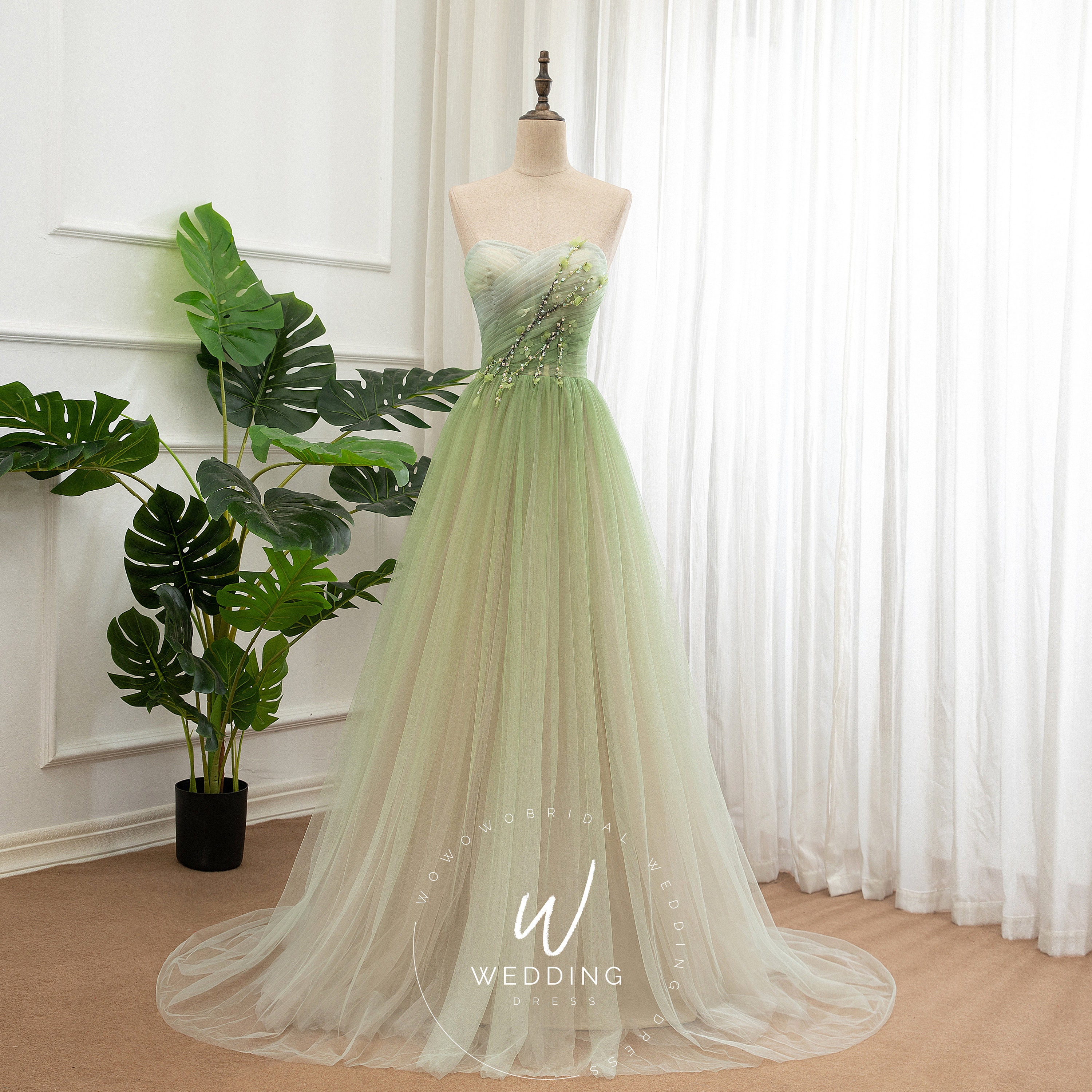 Cap Sleeves Green Tulle Long Prom Dresses, Long Green Tulle Formal Eve –  Lwt Dress