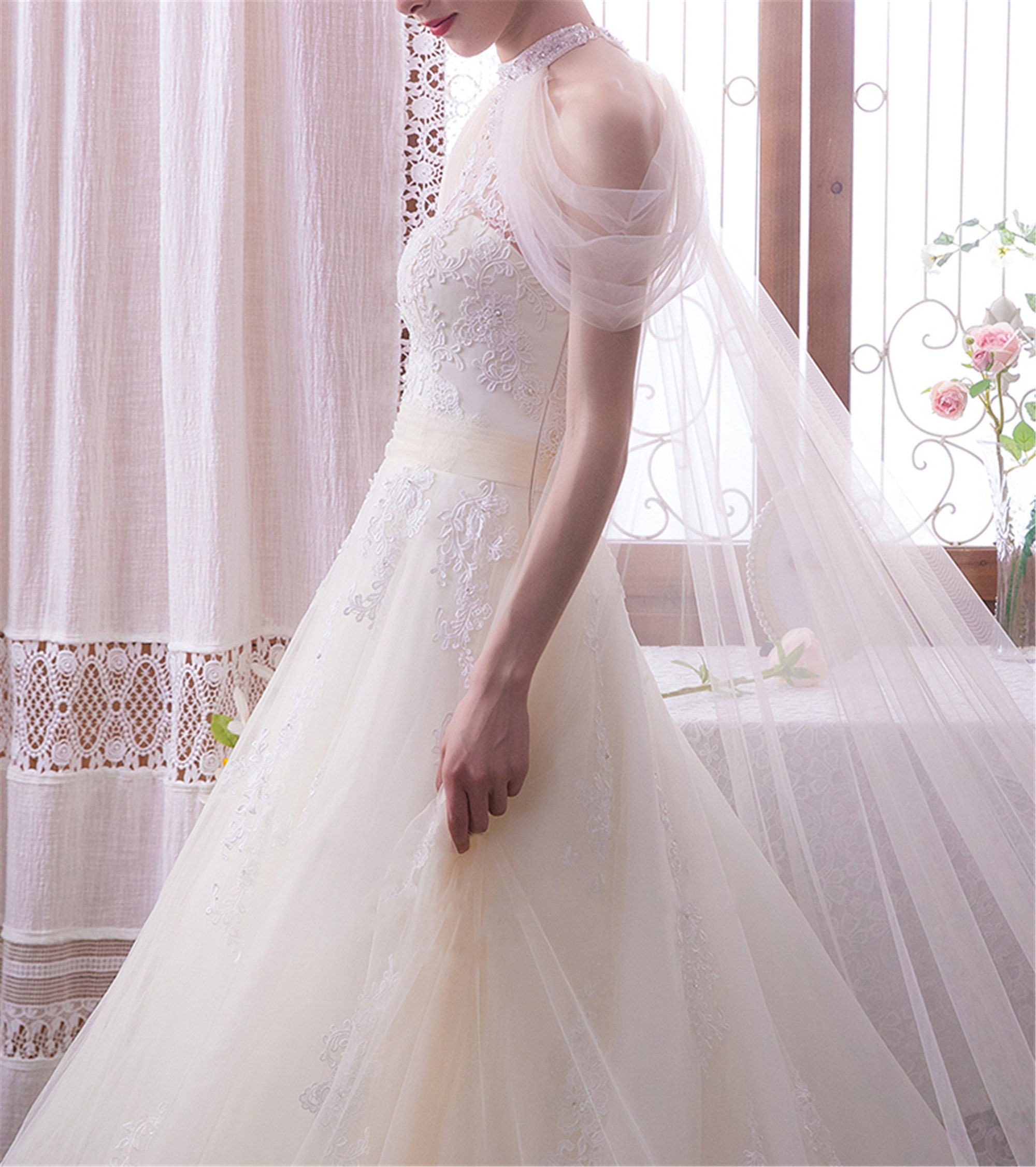 Dreamy Shoulder Cape Wedding Dress White Lace Applique Wedding Etsy