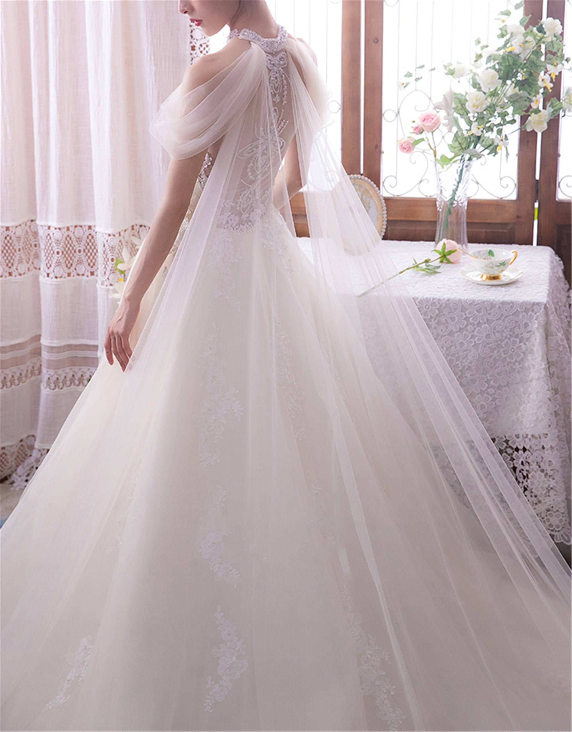 Dreamy Shoulder Cape Wedding Dress White Lace Applique Wedding Etsy