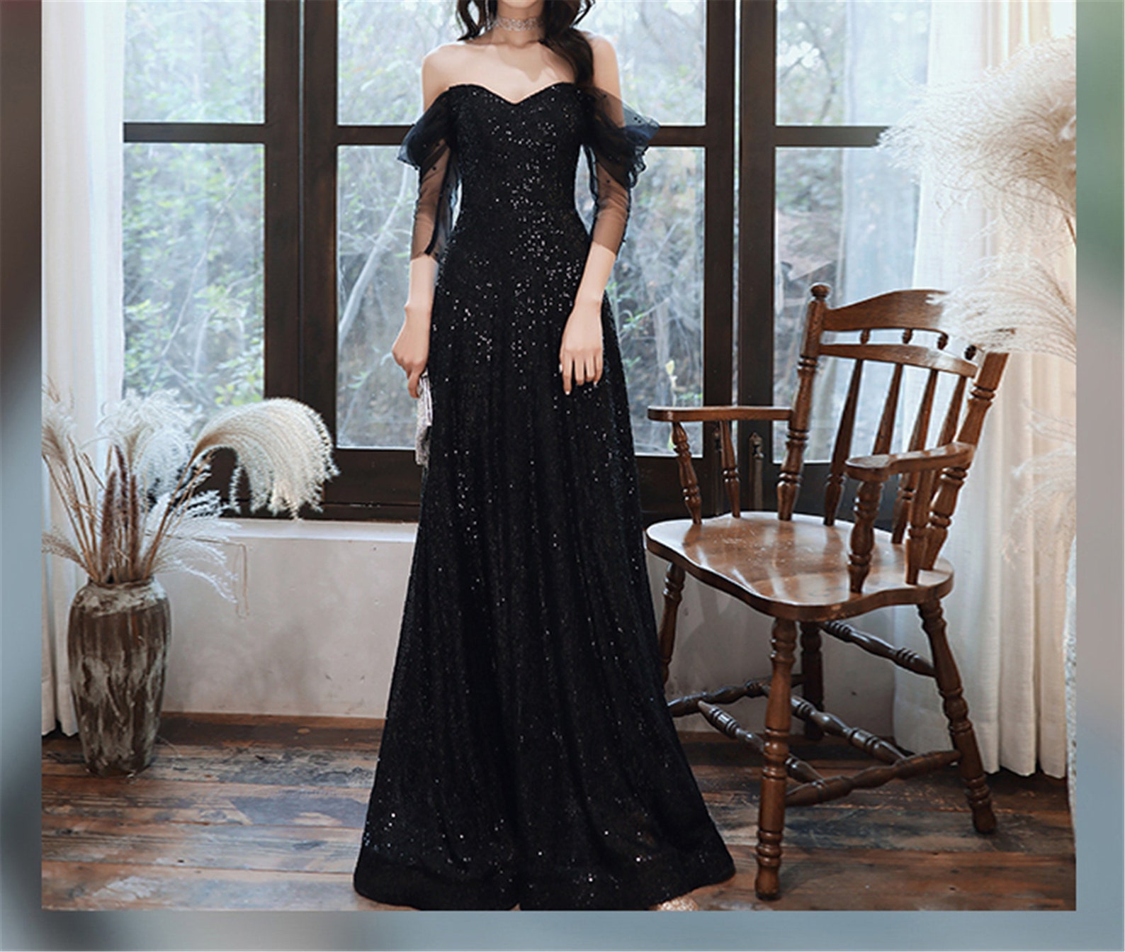 Glitter Prom Dress Black Evening Dress Elegant Banquet Dress - Etsy