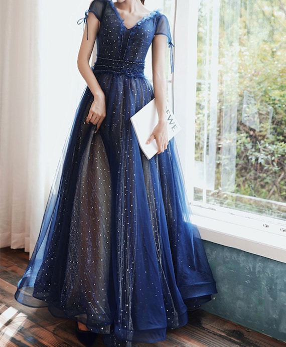 Simple blue tulle sequin long prom dress, blue tulle formal dress