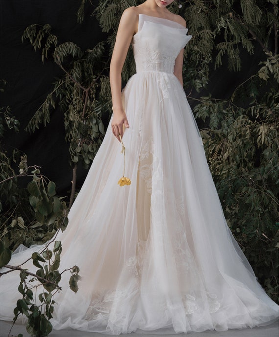 Satin Strapless Wedding Gown, Minimalist Wedding Dress, Ivory