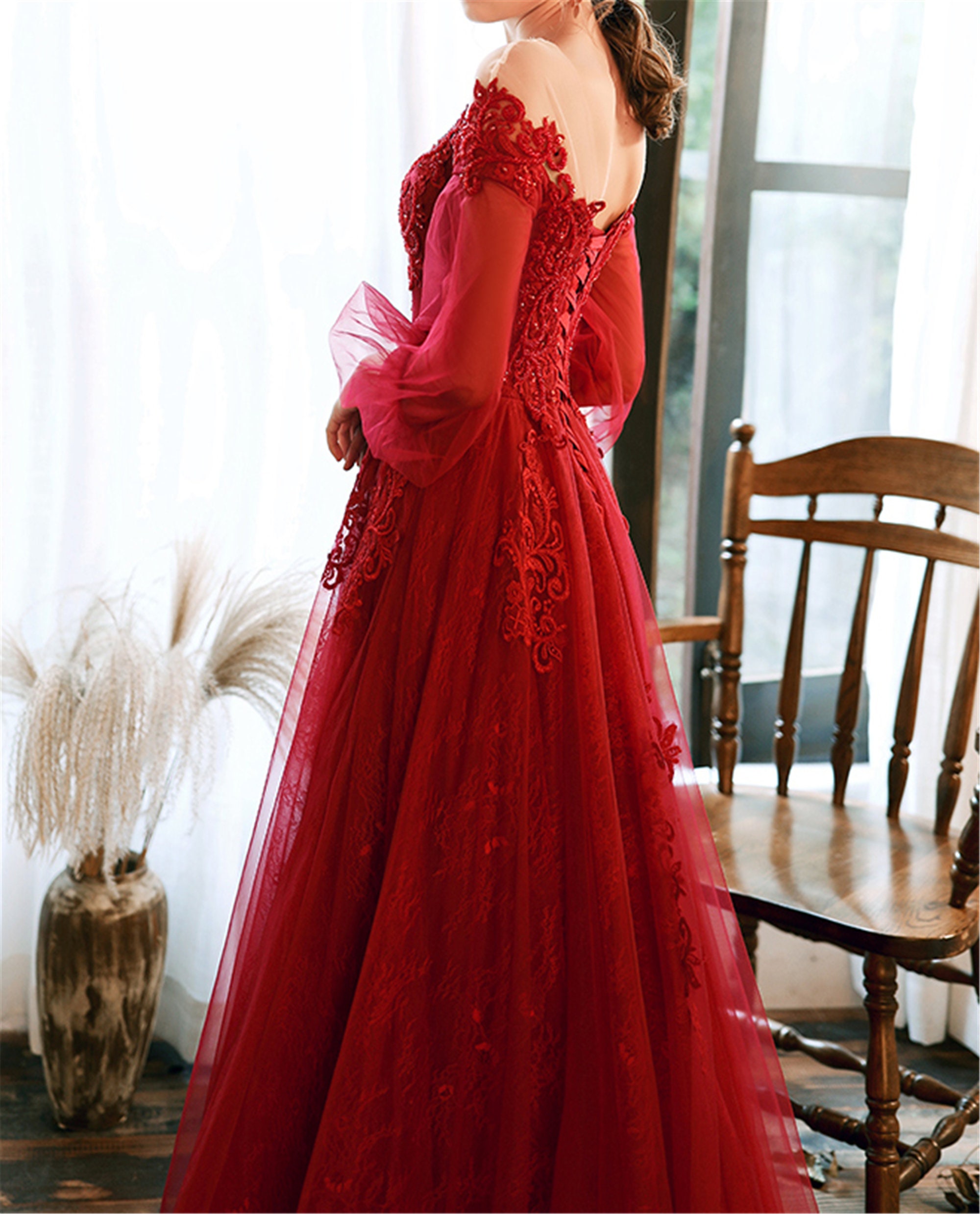 Wine Red Prom Dress Lace Evening Dress Elegant 3/4 Sleeve Etsy