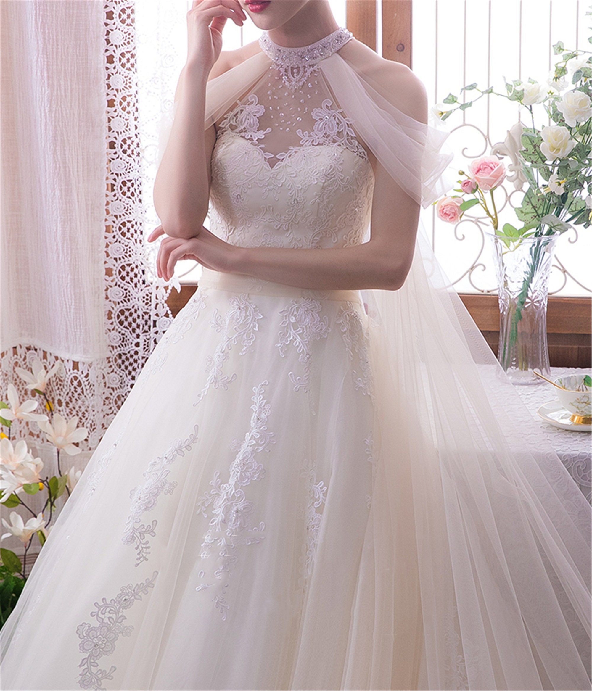 Dreamy Shoulder Cape Wedding Dress White Lace Applique Wedding Etsy